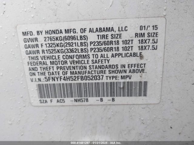 5FNYF4H52FB052037 Honda Pilot Ex-l