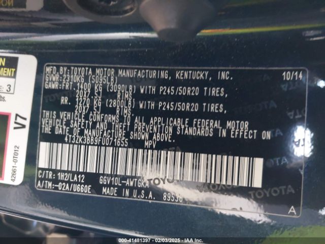 4T3ZK3BB9FU071655 Toyota Venza Le/xle/limited