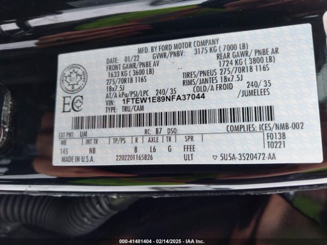1FTEW1E89NFA37044 Ford F-150 Tremor