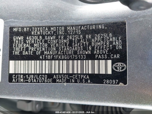Toyota CAMRY XSE 2016 4T1BF1FK8GU175133 Image 9