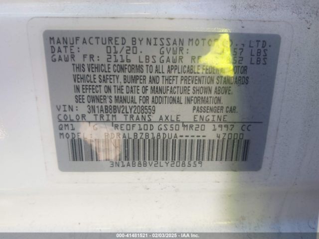 3N1AB8BV2LY208559 Nissan Sentra S Xtronic Cvt
