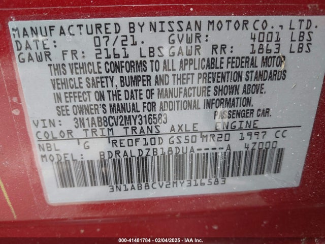 3N1AB8CV2MY316583 Nissan Sentra Sv Xtronic Cvt