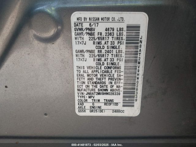 JN8AT2MV9HW028339 Nissan ROGUE SV