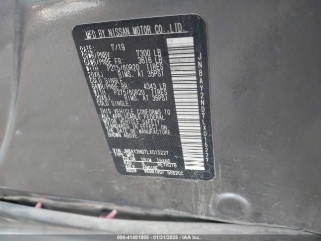JN8AY2ND7LX015227 Nissan Armada Sl 2wd