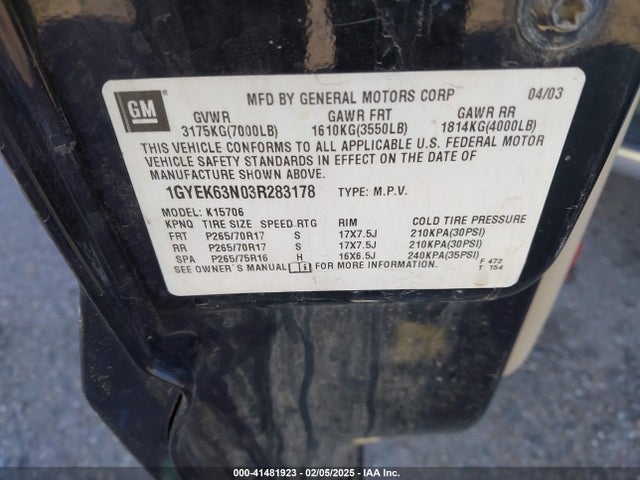 2003 CADILLAC ESCALADE 1GYEK63N03R283178 Photo 8