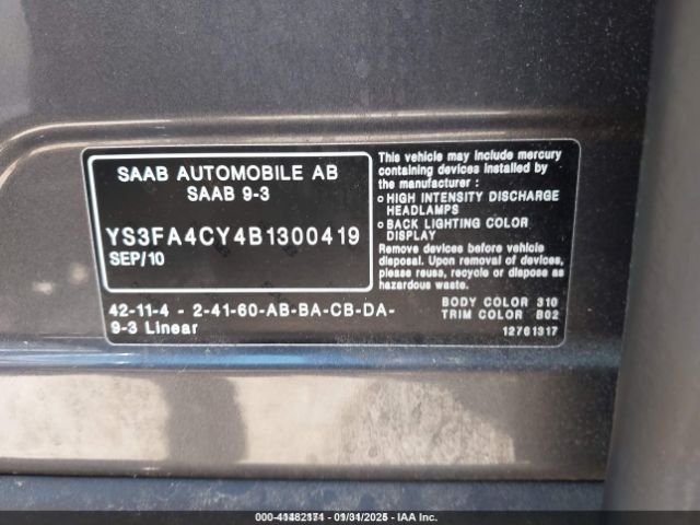 2011 SAAB 9-3 YS3FA4CY4B1300419 Photo 8