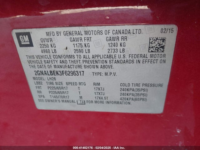 Chevrolet EQUINOX 1LT 2015 2GNALBEK3F6296317 Image 9