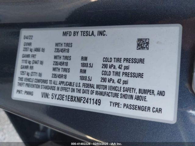 5YJ3E1EBXNF241149 Tesla Model 3 Long Range Dual Motor All-wheel Drive