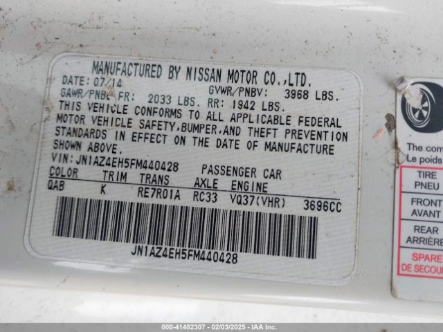 JN1AZ4EH5FM440428 Nissan 370z Nismo/nismo Tech/sport/sport Tech/touring
