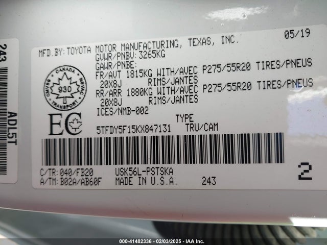 5TFDY5F15KX847131 Toyota Tundra Sr5 Plus 5.7l V8