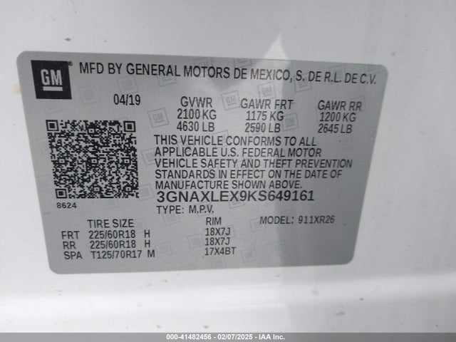 3GNAXLEX9KS649161 Chevrolet EQUINOX LT