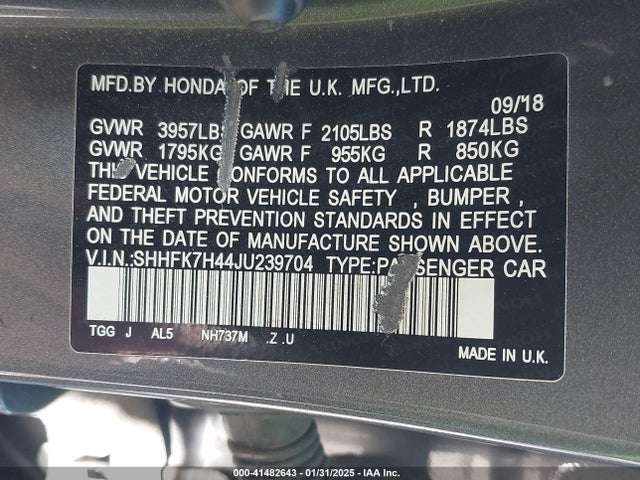 SHHFK7H44JU239704 Honda Civic Sport