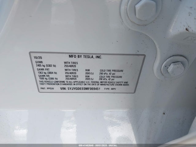 2021 TESLA MODEL Y 5YJYGDEE0MF069451 Photo 8