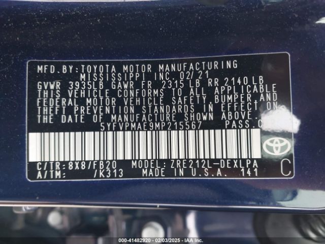 5YFVPMAE9MP215567 Toyota COROLLA LE