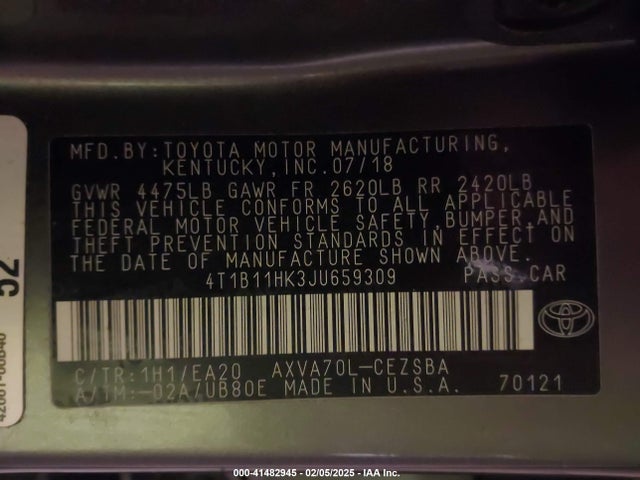 4T1B11HK3JU659309 Toyota CAMRY SE