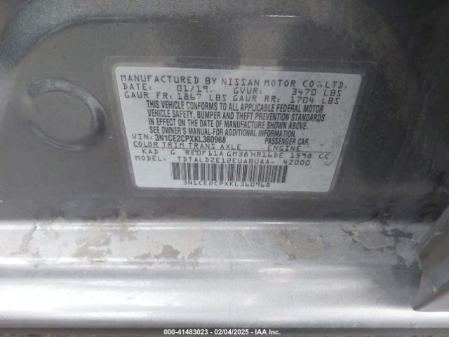 3N1CE2CPXKL360968 Nissan Versa Note Sv