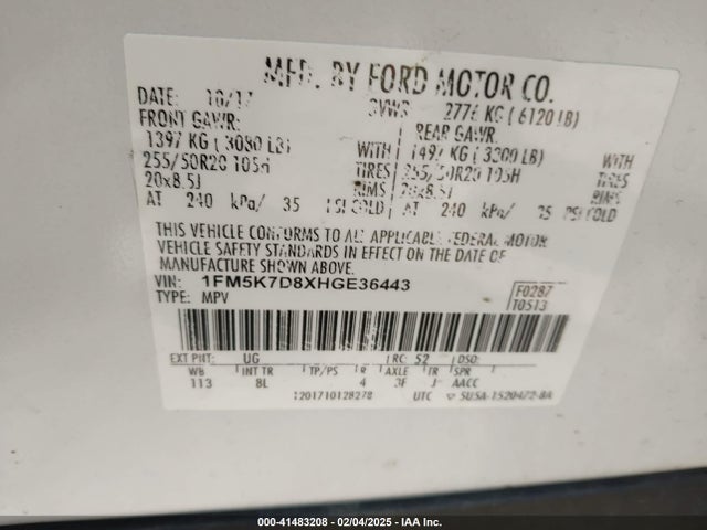 1FM5K7D8XHGE36443 Ford EXPLORER XLT