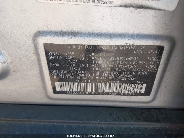 Aukcja sprzedaży 2012 Subaru Outback 2.5i Limited, vin: 4S4BRBKC2C3208929, numer aukcji: 41483276