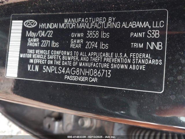 5NPLS4AG8NH086713 Hyundai ELANTRA SEL