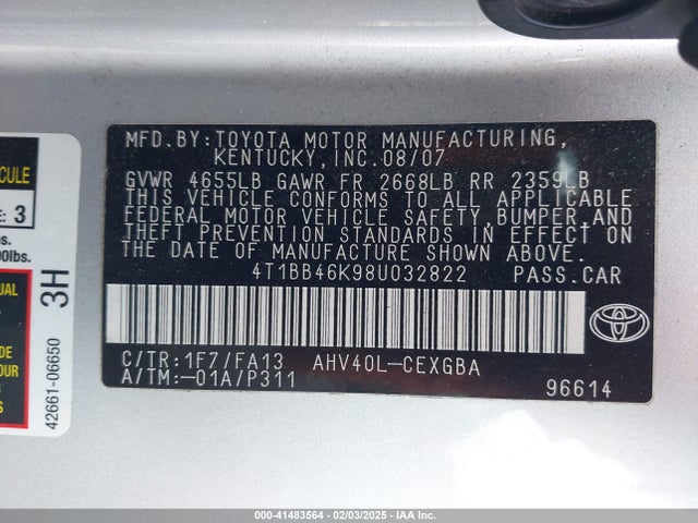 41483564 :رقم المزاد ، 4T1BB46K98U032822 vin ، 2008 Toyota Camry Hybrid مزاد بيع