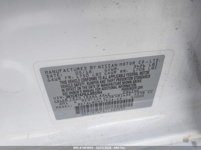 3N1CN7AP8JL882254 Nissan Versa 1.6 Sv