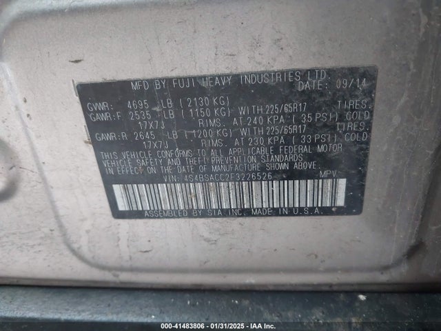4S4BSACC2F3226526 Subaru Outback 2.5i Premium