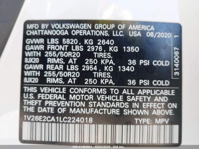 1V26E2CA1LC224018 Volkswagen Atlas Cross Sport 3.6l V6 Se W/technology/3.6l V6 Se W/technology R-line
