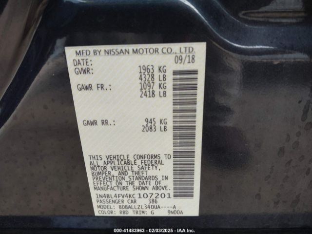 1N4BL4FV4KC107201 Nissan Altima 2.5 Platinum