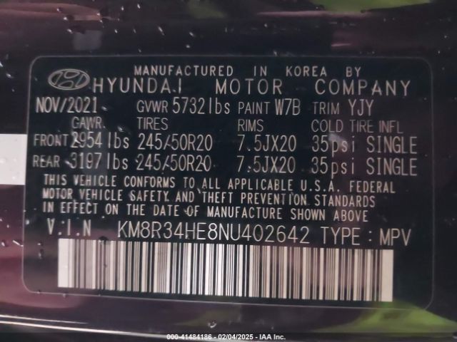 KM8R34HE8NU402642 Hyundai Palisade Sel