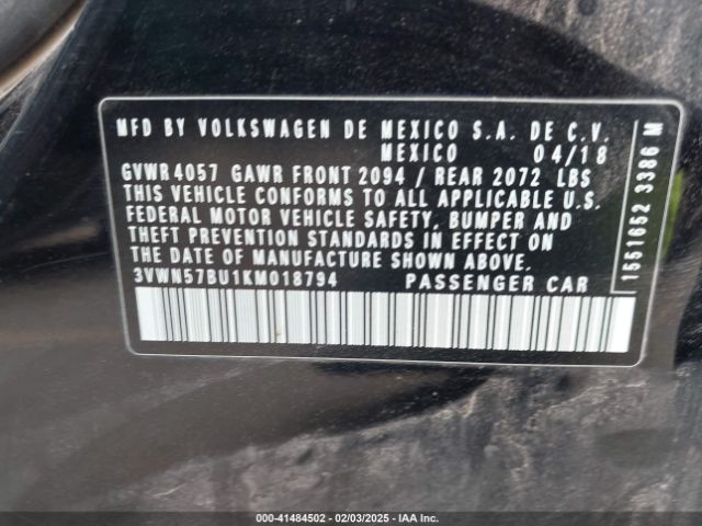 3VWN57BU1KM018794 Volkswagen Jetta 1.4t S