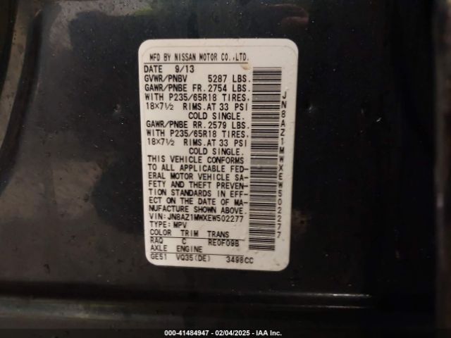 JN8AZ1MWXEW502277 Nissan MURANO S