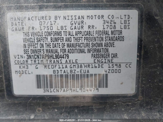 3N1CN7AP9HL904479 Nissan Versa 1.6 Sv