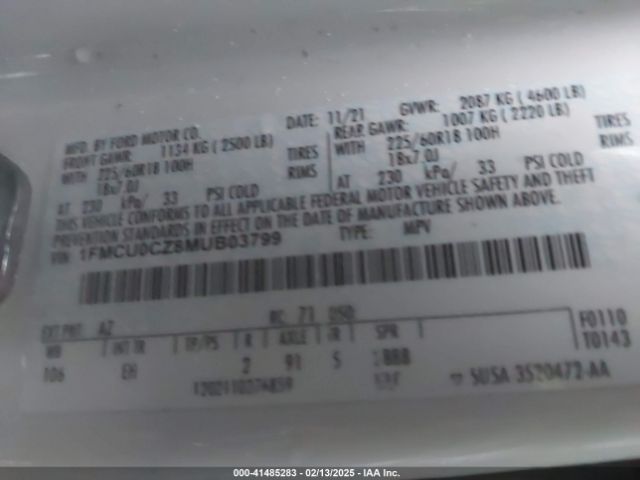 1FMCU0CZ8MUB03799 Ford Escape Sel Hybrid