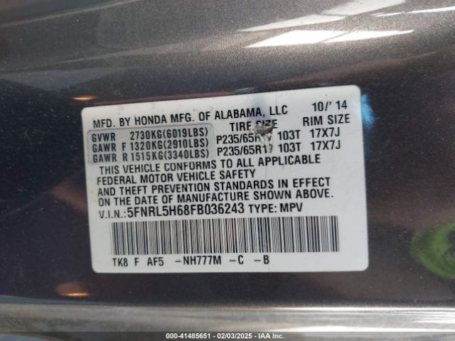 5FNRL5H68FB036243 Honda Odyssey Ex-l