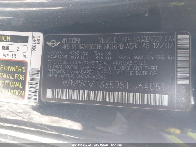 2008 MINI COOPER WMWMF33508TU64051 Photo 8