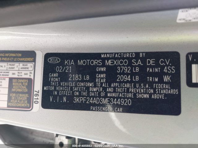 3KPF24AD3ME344920 KIA Forte Lxs
