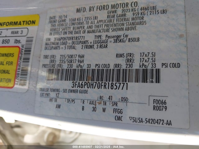 Ford FUSION SE 2015 3FA6P0H70FR185771 Image 9