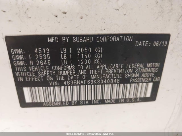Subaru Legacy 2.5i Premium 2019 4S3BNAF69K3040848 Image 9