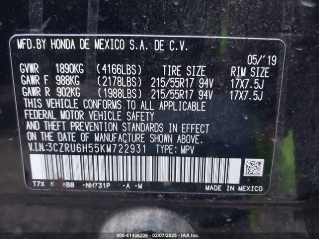 3CZRU6H55KM722931 Honda HR-V EX