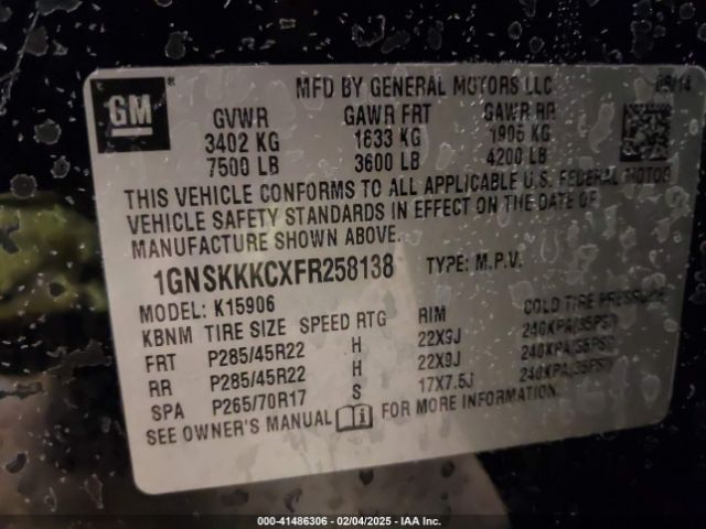 1GNSKKKCXFR258138 Chevrolet Suburban 1500 Ltz
