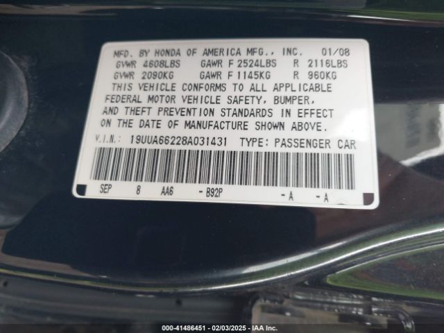 2008 ACURA TL 19UUA66228A031431 Photo 8