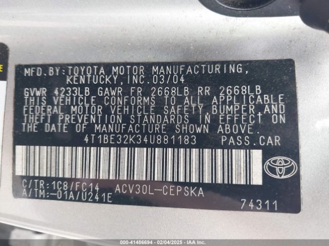 2004 TOYOTA CAMRY 4T1BE32K34U881183 Photo 8