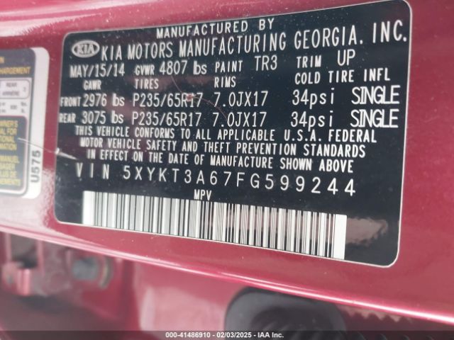 5XYKT3A67FG599244 KIA SORENTO LX