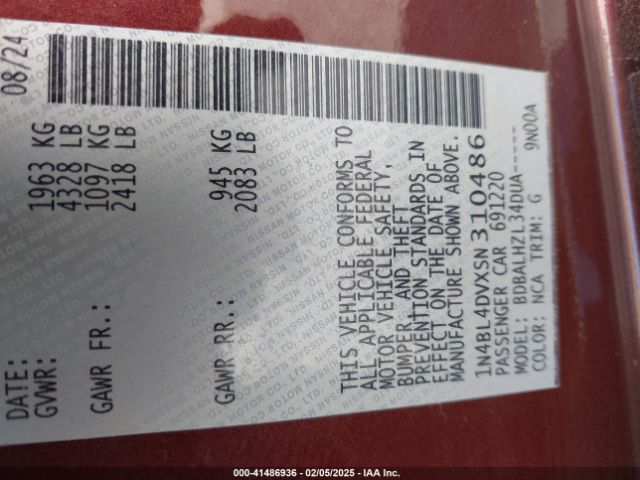 1N4BL4DVXSN310486 Nissan Altima Sv Fwd