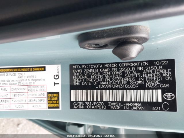 JTDKAMFU9N3186859 Toyota Prius L