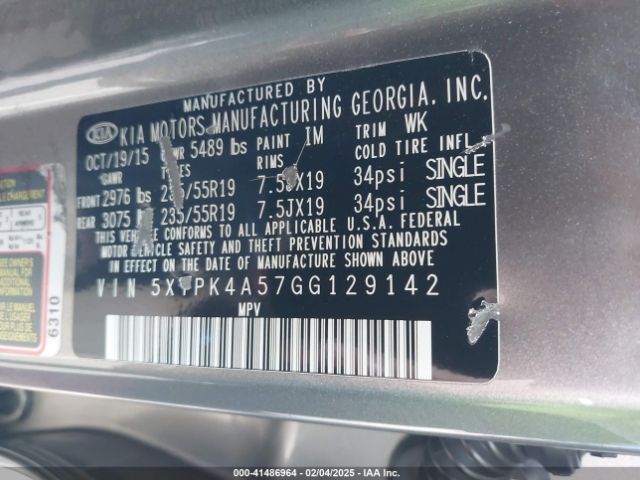 5XYPK4A57GG129142 KIA Sorento 3.3l Sxl