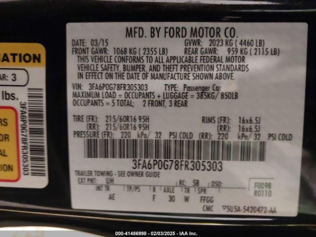 3FA6P0G78FR305303 Ford FUSION S