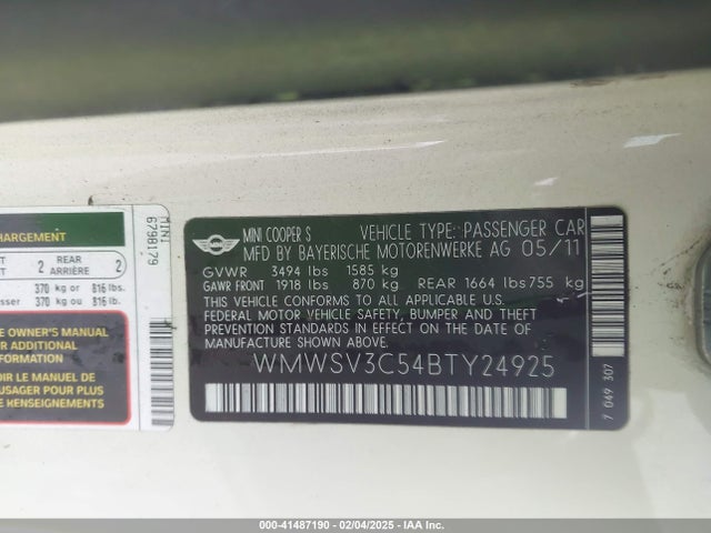 2011 MINI COOPER S WMWSV3C54BTY24925 Photo 8