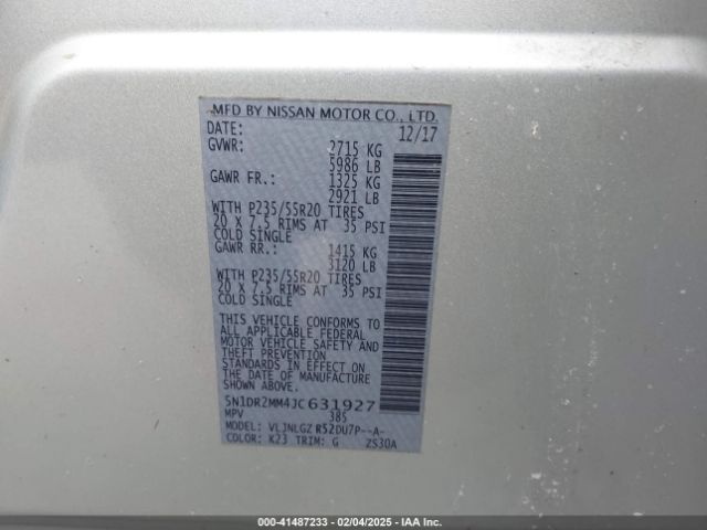 5N1DR2MM4JC631927 Nissan Pathfinder Sl
