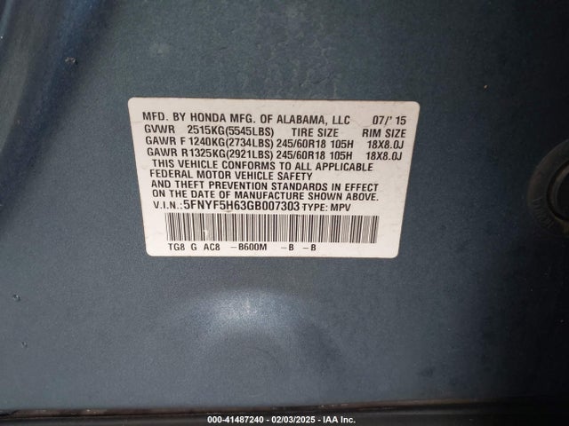 5FNYF5H63GB007303 Honda Pilot Ex-l